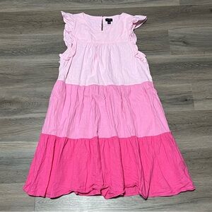 J Crew 12 Dress Pink Tiered Ruffle Sleeve Linen Blend Mini Preppy Colorblock